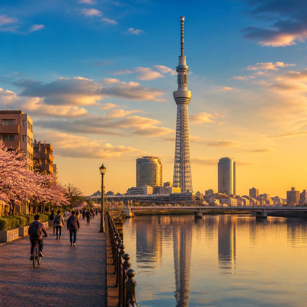 Tokyo Skytree reflected in the Sumida River at sunset
