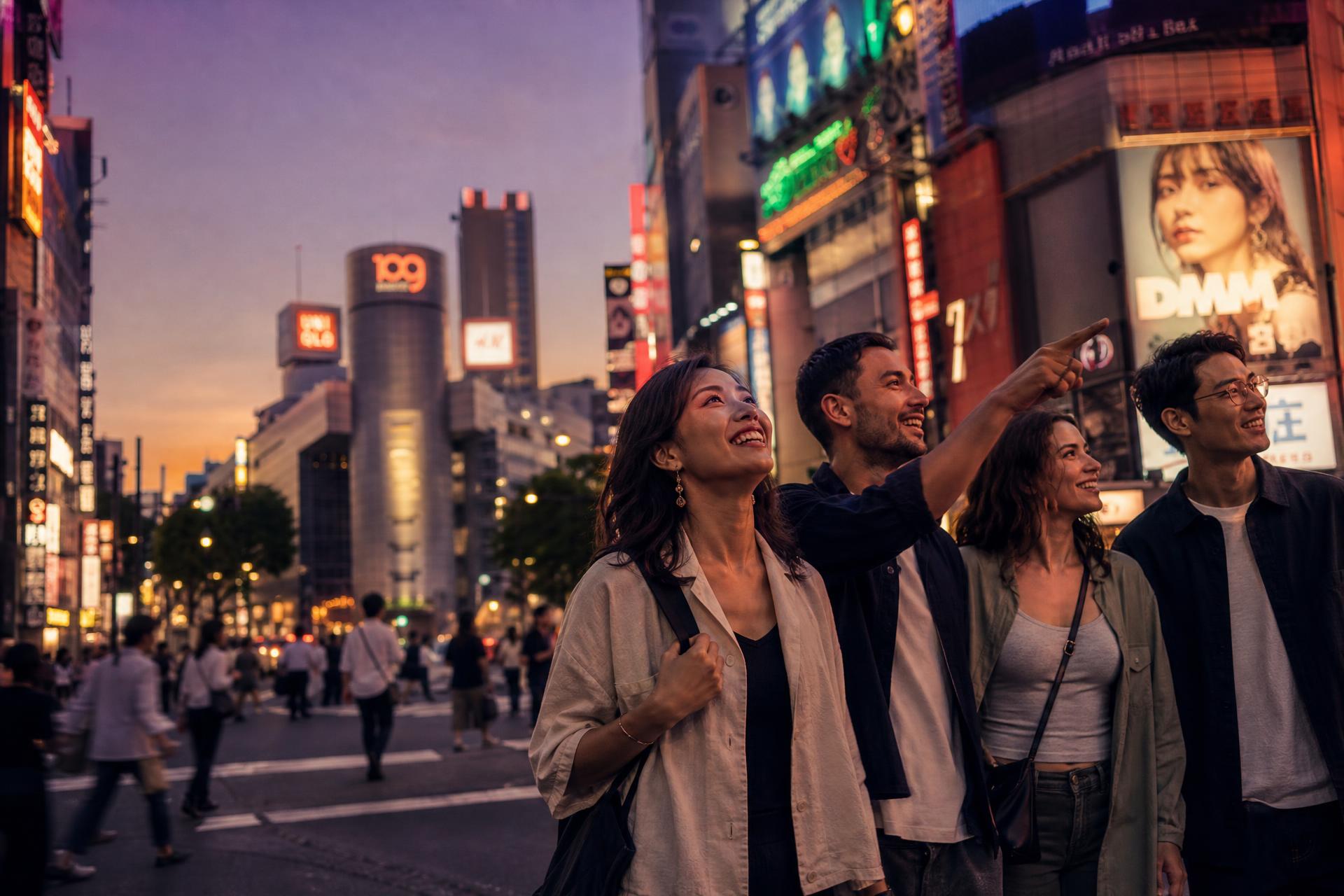 Friends in their late 20s exploring Shibuya in Tokyo at dusk, looking up at the city lights with excitement