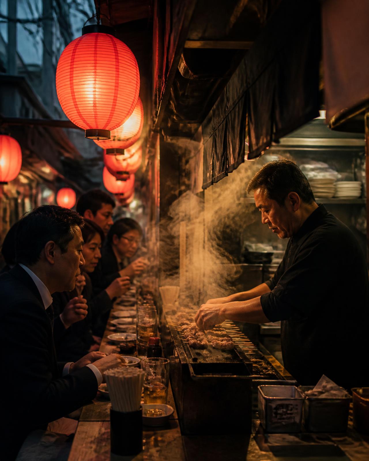 A Tokyo yakitori alley glowing with red lanterns at dusk